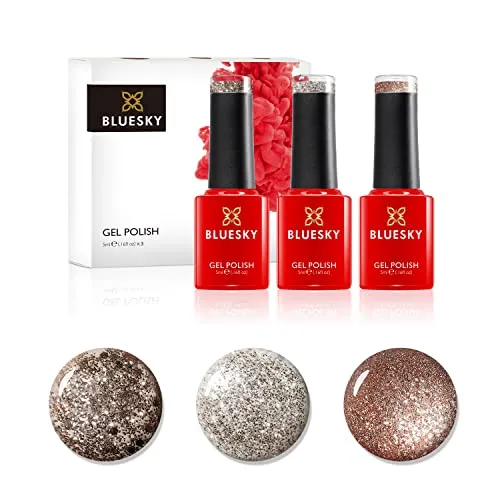 Bluesky Gel Polish, Gel Nagellack Set, Golden Goddess, Tinsel Toast 80544, Golden Sand Dc007, Luxury Gold KS1049, 3 X 5 ml, Gold Glitzer