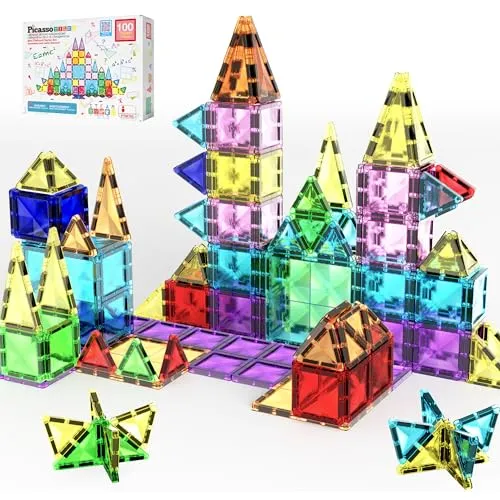 PicassoTiles 100 Stück Magnetbaustein Mini-Diamant-Serie Reisegröße On-The-Go-Magnet-Konstruktion Spielzeug-Set STEM-Lernset, Playset Kindergehirnentwicklung Stapelblöcke PTM100