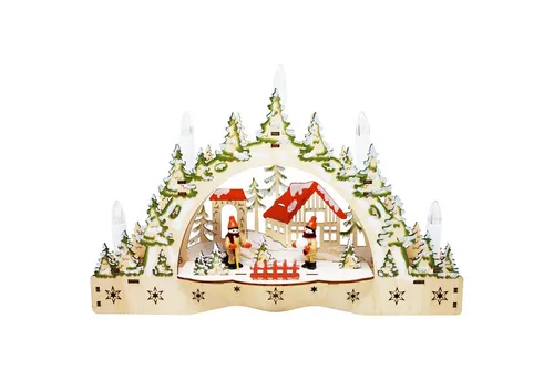 ToCi LED Schwibbogen mit 5 LED-Kerzen - Schneeballschlacht - Schwibbogen aus Holz mit stimmungsvoller LED-Beleuchtung, ideal für weihnachtliche Dekoration und bis zu 100 Stunden Leuchtdauer mit Batterien.