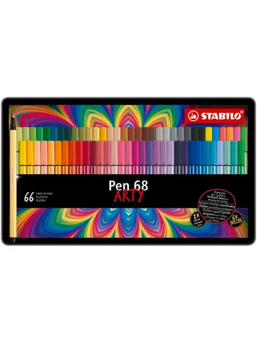STABILO Filzstifte Pen 68 ARTY 66er Set - Schreibutensilien mit 66 Farben im Metalletui – ideal für Bullet Journaling, Sketchnotes und kreative Projekte. Robuste Spitze für kräftige Linien und 24 Stunden kappenlos nutzbar.