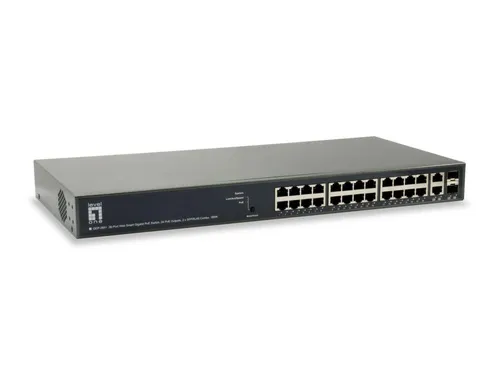 LevelOne GEP-2651 Smart Switch 24 PoE+ Ports - Rack-montierbarer Switch mit 24 x 10/100/1000 PoE+ Ports und 185 W Power Budget, ideal für energieeffiziente Netzwerkinfrastrukturen.