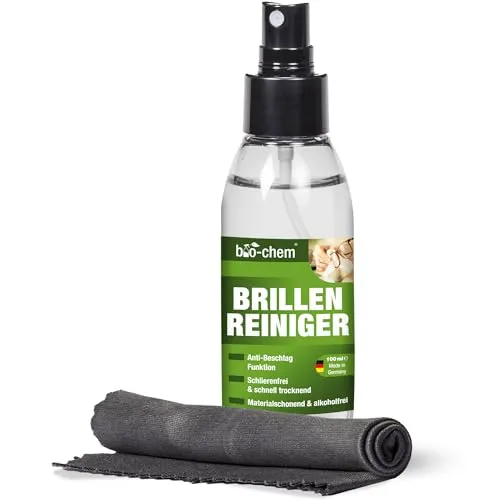bio-chem Brillenreiniger Spray ohne Alkohol 100ml | Anti-Beschlag Brillenspray mit Mikrofasertuch | Reinigungsspray für Brillen, Display | Brillenputzmittel Made in Germany