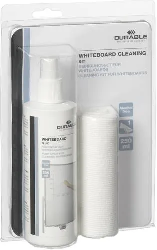 Durable Reinigungsspray Schreibtafel - WHITEBOARD CLEANING KIT, 250 ml Pumpspray mit Mikrofasertuch, effektiv gegen Marker und Schmutz