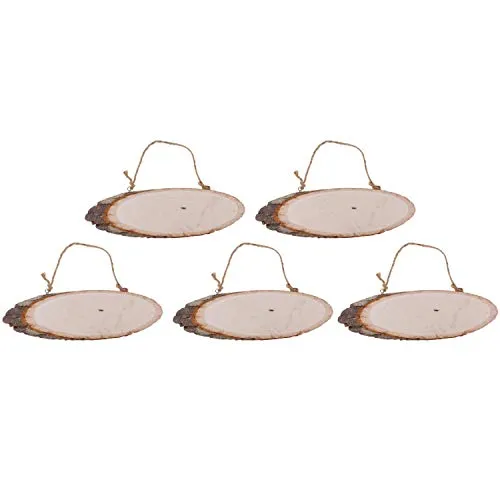 POFET 5 Stück ovale natürliche hängende Holzscheiben Baumrinde Holzstücke große Plaketten für handgemachte Namensschild Hochzeitsdekoration
