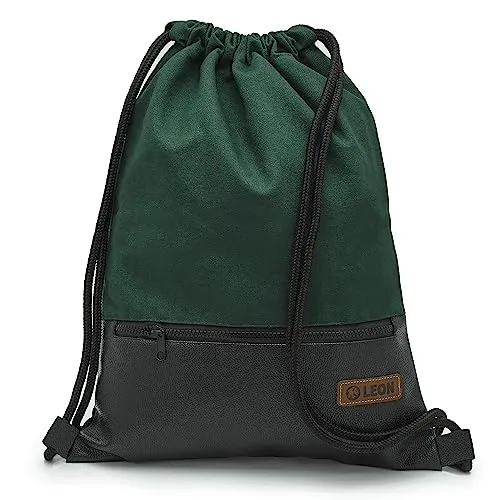 Leon By-Bers Turnbeutel Rucksack – Edles Segeltuch und Kunstleder - Stylischer Turnbeutel aus dickem Canvas mit großer Außentasche und reißfestem Nylonseil. Ideal für Sport und Alltag – modern, robust und funktional.