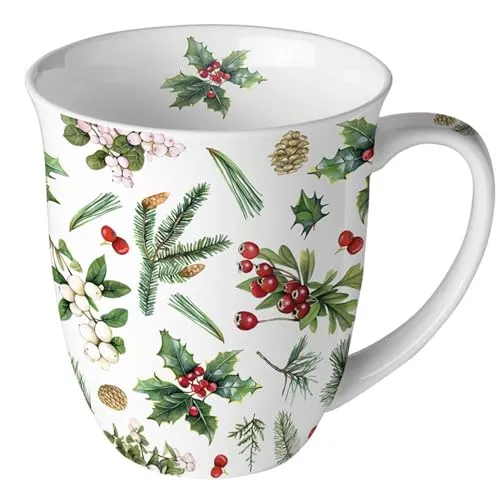 Ambiente Tasse 0,4 l Henkeltasse Becher Kaffeetasse Teetasse Weihnachtstasse Winter greenery Christmas Henkelbecher Mistelzweig
