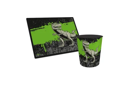 itenga Schreibtischunterlage mit Papierkorb Motiv T-Rex Set - Schreibunterlagen & Papierkorb Set für Kinderzimmer, mit kratzfester Oberfläche und rutschfester Rückseite für optimalen Schreibkomfort und Ordnung.