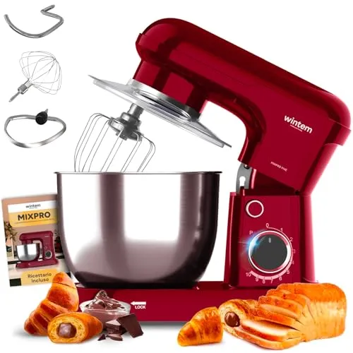 Avilia Planetäre Knetmaschine mit Schüssel aus Stahl, 5 l, rot, 15.000 W und 10 einstellbare Geschwindigkeitsstufen, leise und Schutzklasse II, inklusive Haken für Teig, Schläger und Schneebesen