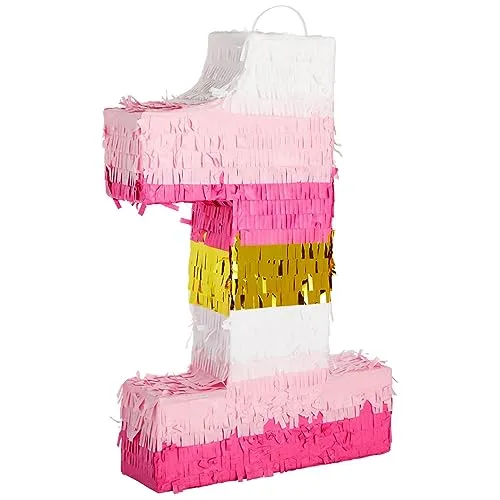 Kleine Pinata mit Nummer 1 aus rosa und goldener Folie, für Kinder zum 1. Geburtstag, Party-Dekorationen (41,5 x 27,9 cm)