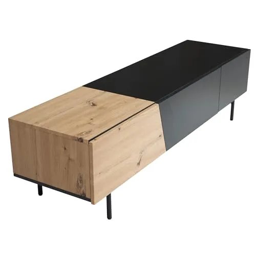 FINEBUY Lowboard FB56048 - Modernes TV-Möbel in Schwarz/Eiche-Dekor - TV-Halterungen mit modernem Design, ideal für Fernseher bis 70 Zoll. Bietet viel Stauraum für Konsolen und DVDs, zusätzlich mit Anti-Rutsch-Noppen für Bodenschutz.