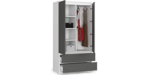 BDW Kleiderschränk 2 Türen, 4 Einlegeböden, Kleiderständer, 2 Schubladen, Mehrzweckschrank, Schubladenschrank, Garderobenschrank für Schlafzimmer, Wohnräume, 180x90x51cm, Weiß/Grau