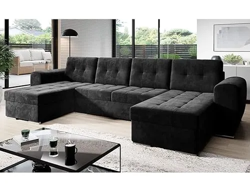 MODERNO Bari Wohnlandschaft Sofa mit Schlaffunktion Couch U-Form Schlafsofa mit Bettkasten Ecksofa Schlafcouch Moderne Wohnzimmermöbel Eckcouch Veloursstoff Steppsofa Grau
