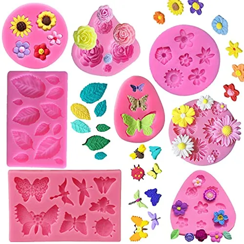 KULENAND Silikon-Kuchenform-Set – 8 Stück, Rose, Schmetterling, Gänseblümchen, Rosenblatt und Mini-Blumen, Fondant, Süßigkeiten für Schokolade, Modelliermasse, Seife, Bastelprojekte, Kuchendekoration