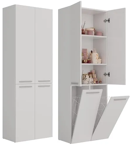 BDW Badezimmerschrank, 2- Wäschekorb, 2 - Türen 174 x 60 x 30cm Unterschrank, Waschbeckenunterschrank, Hochschrank, Badmöbel, Bad-Hochschrank, Badregal, NEL 2K/DD (Weiß)