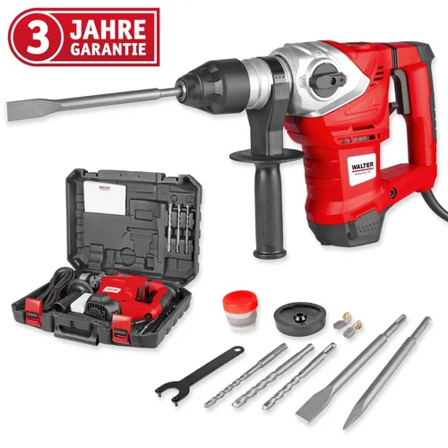 WALTER Bohr- und Meißelhammer 1500 W - Bohrmaschinen mit vibrationsgedämpftem Handgriff für komfortables Arbeiten. Ideal für Beton, Ziegel und Holz. Inklusive umfangreichem Zubehör und SDS+ System für vielseitige Anwendungen.