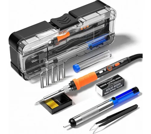 Diyarts Lötkolben, max. 480 °C, max. 90 W, Netzbetrieb (220–240 V), Komplettset, Lötkolben, 5 Spitzen, Draht, Paste, Pinzette, Sauger, Ständer, Koffer, Mit LCD-Anzeige, Temperaturregelung und komplettem Zubehörset