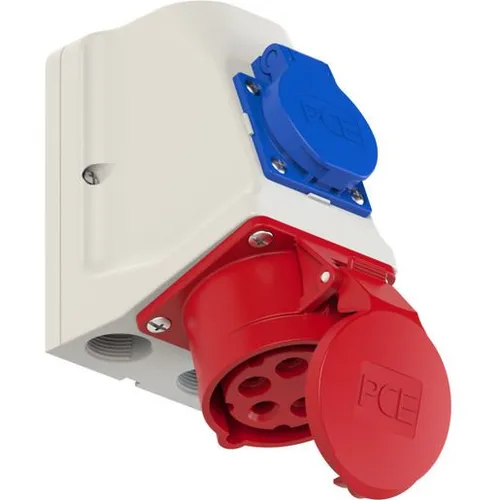 PCE CEE COMBO-DOSE 5P 16A 400V - Steckdosen & Zubehör, robuste COMBO-Wandsteckdose mit integrierter Schutzkontaktsteckdose, ideal für den Einsatz im Außenbereich (IP44)