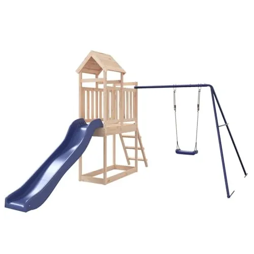 vidaXL Spielturm mit Rutsche und Schaukel - Schaukeln und Klettern im eigenen Garten! Robuster Spielturm aus massivem Kiefernholz mit Holzdach, Wellenrutsche und Sandkasten für fantasievolle Abenteuer.