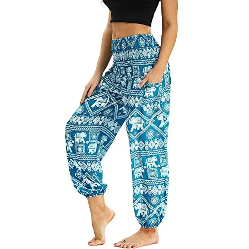 Nuofengkudu Damen Hippie Harems Hose Pumphose Haremshose Aladdinhosen Boho Gemustert Gesmockte Taille mit Taschen Yogahose Freizeithose Sommerhose Strandhose Hellblau Elefant B