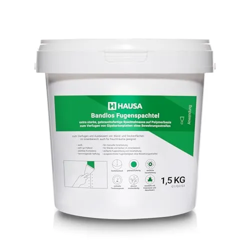Reparatur Spachtelmasse extra starke Fertigspachtel Verfugen von Gipskartonplatten ohne Verstärkungsstreifen für Wände Decken im Innenbereich Rissfüller Trockenbau Fugenspachtel weiß 1,5kg HAUSA