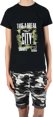 BEZLIT Jungen Sommer Set T-Shirt Take a break und Stoff Shorts Schwarz / Camouflage 104/110