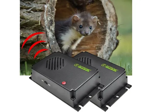 ISOTRONIC Ultraschall-Tierabwehr Mobile Ultraschall Marder-Abwehr, Batteriebetrieben für KFZ & Haus, 2-tlg., Batteriebetriebener Marder-Schreck für KFZ, Haus & Garten bis 40 m²