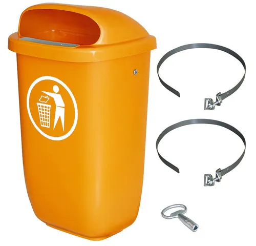BRB Abfallbehälter für den Außenbereich, 50 Liter - Komplettset mit Pfahlbefestigung - Haushaltszubehör: Robuster Abfallbehälter nach DIN 30713, einfach zu entleeren und ideal für öffentliche Plätze, mit praktischem Schellenband zur sicheren Befestigung.