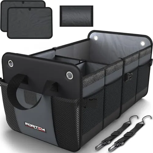 FORTEM Kofferraum Organizer, Kofferraumtasche, Zusammenklappbarer Auto Organizer Kofferraum mit Fächern, Rutschfester Boden, Verstellbare Sicherungsriemen, Klappbarer Deckel (Standard, Grau)