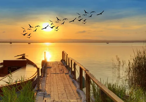 XXL Poster 100 x 70cm (S-849) Steg am Meer mit Boot und Vögeln bei Sonnenschein