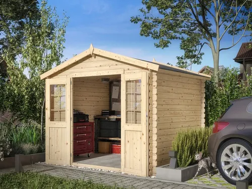 Gartenhaus Blockhaus CA2874 – 28mm naturbelassen - Robustes Blockbohlenhaus mit Doppeltür und 7,69 m² Liegefläche. Ideal für die Aufbewahrung von Gartenutensilien. Hochwertiges Fichtenholz sorgt für Langlebigkeit und Stabilität.