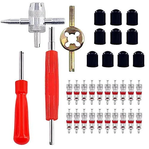 HUAZIZ 34-Teilig Reifenventilentferner Reifen ventileinsatz (20 x Ventil Kerne + 2 x Ventil Entferner+ 1 x 4 in1 Reparatur-Werkzeug+ 1 x Ventilkernschlüssel+10×Reifenventilkappen) für Auto,Fahrrad