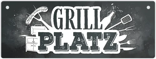 Grillplatz Metallschild in grau Fleisch Wurst grillen Grill Bier Hobby Besteck