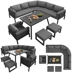 Halbmond-förmiges Gartensofa-Set mit Glastisch - Elegantes Gartenmöbelset für bis zu 8 Personen: Robuste Eisengestelle mit wetterfesten, abnehmbaren Polstern und pflegeleichtem Glastisch. Ideal für Gartenpartys und den Außenbereich!