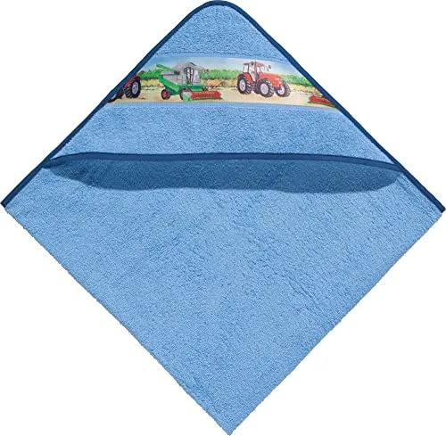 Erwin Müller Kinder-Kapuzenbadetuch, Kapuzenhandtuch Frottier hellblau Größe 80x80 cm - mit Webbordüre Traktor, Bauernhof, 100% Baumwolle