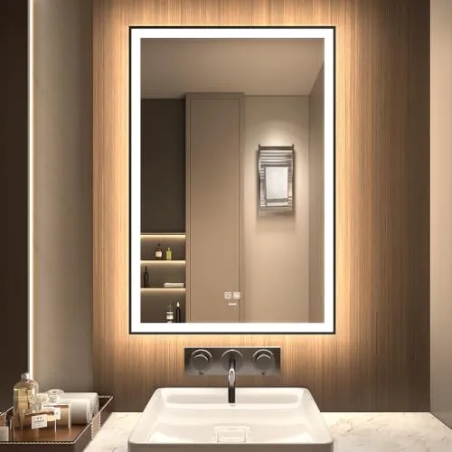 GANPE LED Badezimmerspiegel, Make-up Kosmetikspiegel Wandmontage, Großer moderner rahmenloser beleuchteter Spiegel, Anti-Beschlag+IP44 Wasserdicht+Vertikal & Horizontal (90 x 60 cm)