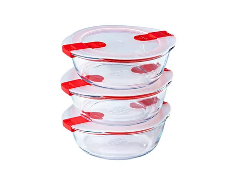 PYREX Frischhaltedose Cook & Heat - 3-teiliges Set aus hitzebeständigem Glas - Praktisches 3er-Set aus BPA-freiem Borosilikatglas, ideal zum Aufbewahren, Erwärmen und Transportieren von Lebensmitteln. Auslaufsicher und stapelbar für einfachen Gebrauch.