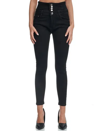 Elara Damen Jeans Stretch Skinny High Waist EL60 Schwarz-34 (XS) - Modische High-Waist Jeans für Damen, ideal für jeden Anlass. Bequem und figurbetont dank des hochwertigen Materialmixes aus Baumwolle, Polyester und Elastan.