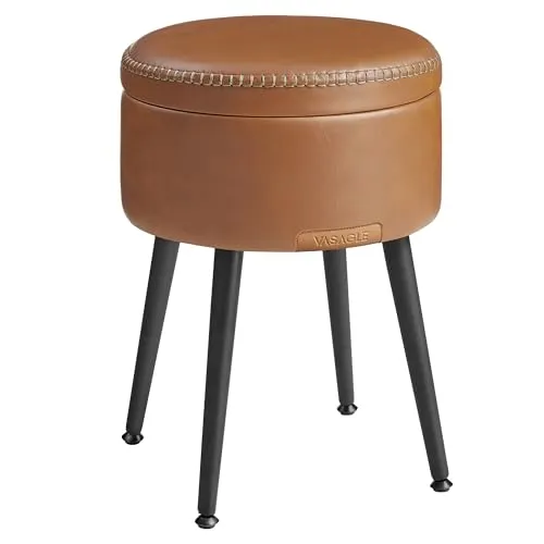 VASAGLE EKHO Kollektion - Sitzhocker, Sitzbank mit Stauraum, Sitztruhe, Kunstleder, Nähte, Mid-Century-Modern-Stil, modern, rund, Stahlbeine, bis 150 kg belastbar, karamellbraun LOM005K01