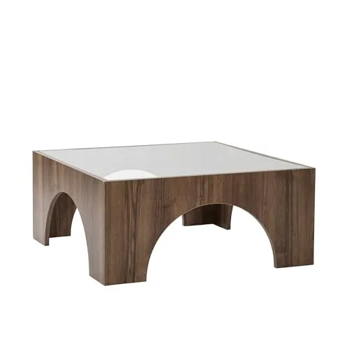 Hanah Home Modern Coffee Table, 80 cm x 35 cm x 80 cm, Walnut & Dark Grey | 100% Tempered Glass & Melamine Coated Chipboard | Stylish & Functional Design