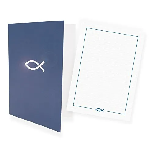 itenga 12x Klappkarten FISCH DIN A6 Einladungskarten Dankeskarten Kommunion Taufe Konfirmation A6 Danksagung (blau)