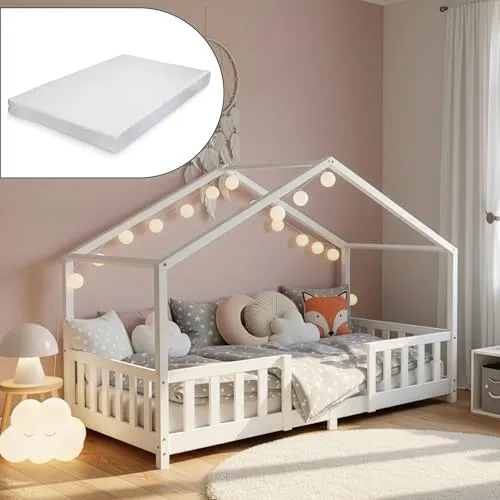 [en.casa] Kinderbett Treviolo mit Matratze 70x140cm - Betten für Kinder mit charmantem Haus-Design und integriertem Rausfallschutz, sorgt für sicheren und gemütlichen Schlafplatz.