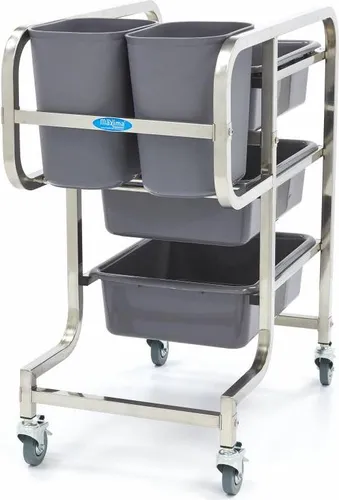 Maxima Gastro Reinigungswagen mit 5 Mülleimern - Mülltonnen für Gastronomie, rostfreier Edelstahl, ideal für effizientes Abräumen in Restaurants und Kantinen, leicht zu montieren und mit stabilen Schwenkrädern ausgestattet.