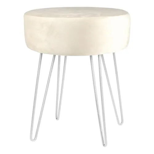 Harbour Housewares 1x Creme/Silber H40 x D35cm Runden Samt-Fußhocker - Klein Wohnzimmer Schminktisch Fußbank Ottomane Sitzpuff Stuhl Sitz