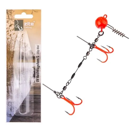 Zite Fishing Hechtsystem UV Aktiv Größe S 9cm | 5-20g Stinger Fertigmontage Gummiköder mit Screw-In-Jighead | Softbait Angsthaken Drillinge | Spinn-System Montage für Hechtköder 15-20cm (20g)