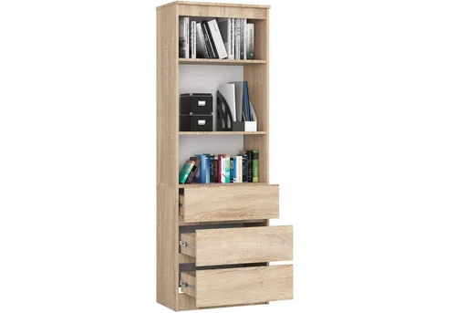 Raumhirsch Furniture Standregal R60, Sonoma Eiche, 60x180x35 cm - Vielseitiges Standregal mit 3 Schubladen und 3 höhenverstellbaren Einlegeböden. Ideal für Büro und Wohnbereich. Robuste Möbelplatte und strapazierfähige ABS-Kanten sorgen für Langlebigkeit und Funktionalität.