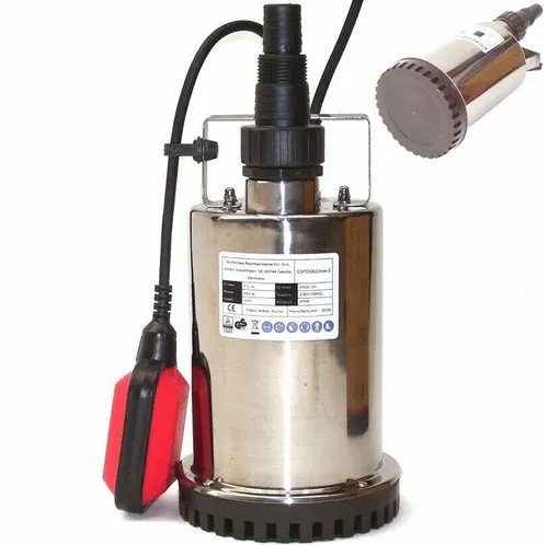 Apex Edelstahl Flachsaugerpumpe 550W - Wasserpumpen: Extra flachabsaugende Tauchpumpe mit 550W Leistung, ideal für die Entleerung von Pools und flachen Gewässern. Fördert Klar- und Schmutzwasser bis 5 mm Partikelgröße.