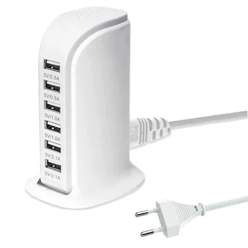 Mehrfach USB Ladegerät, 30 W 6-Port-USB-Netzteil USB-Desktop-Ladestation USB-Hub USB-Wandsteckdosen-Ladegerät kompatibel mit iPhone/Samsung/Telefone/Tablets usw. (Weiß)