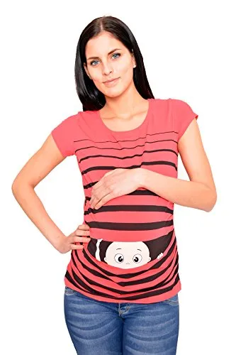 Witzige süße Umstandsmode T-Shirt mit Motiv Schwangerschaft Geschenk - Kurzarm (Koralle, Medium) - T-Shirts für Schwangere mit seitlichen Raffungen für den wachsenden Bauch, modisch und trendy. Ideal als Schwangerschaftsgeschenk!