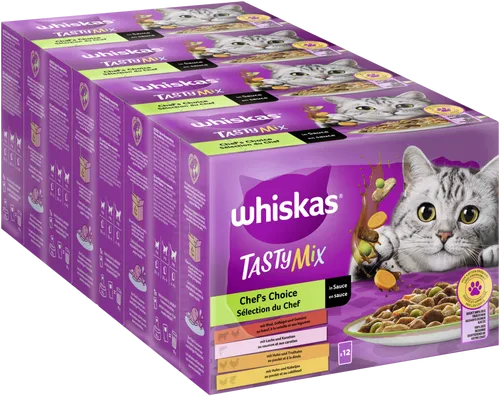 Whiskas Tasty Mix Chef's Choice 48x85g - Katzenfutter Nassfutter in Sauce, vielseitige Mischung aus Rind, Geflügel, Lachs und Gemüse für eine ausgewogene Ernährung Ihrer Katze.