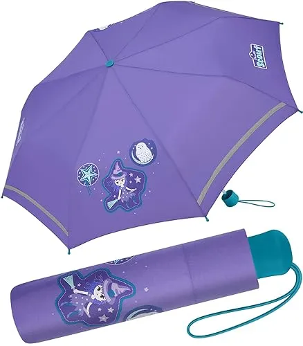 Scout Kinder-Taschenschirm Purple Magic mit reflektierenden Streifen - Taschenschirm für Kinder mit sicherem Handöffner und reflektierenden Streifen für optimale Sichtbarkeit im Dunkeln. Ideal für kleine Abenteurer!